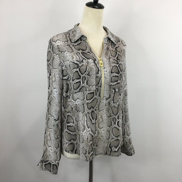 MICHAEL KORS Taupe Black White Snake Print Logo Zip Blouse Shirt - Picture 7 of 11